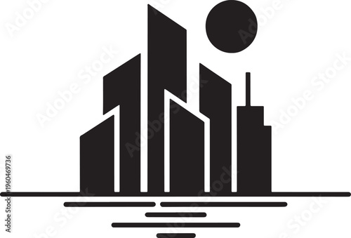 Modern city skyline silhouette with geometric skyscrapers reflected in water under large moon