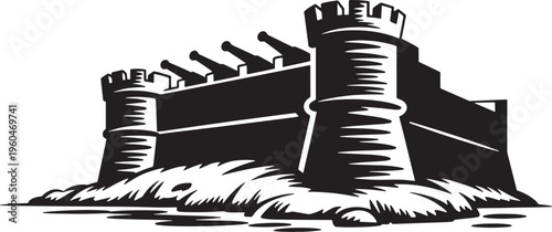 Medieval stone fortress silhouette with defensive cannons and towers on a rugged coastal cliff