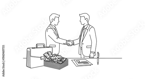Businessmen shaking hands over money and briefcase, deal agreement concept