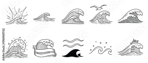 A collection of dynamic hand drawn ocean waves in various styles, capturing sea movement and power, ideal for surfing concepts, nautical themes, or water related graphic elements and