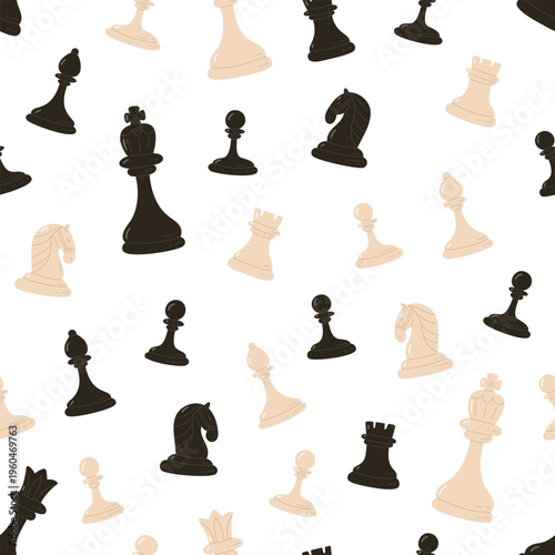 Pattern with black and white chess pieces. Vector seamless texture with chessmen - King, queen, rook, bishop, knight and pawns in flat style on white background.  