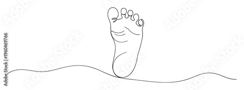 Simple black line art drawing depicting the sole of a human foot pressing onto a soft undulating line, ideal for concepts of grounding, walking, comfort, or natural movement in various