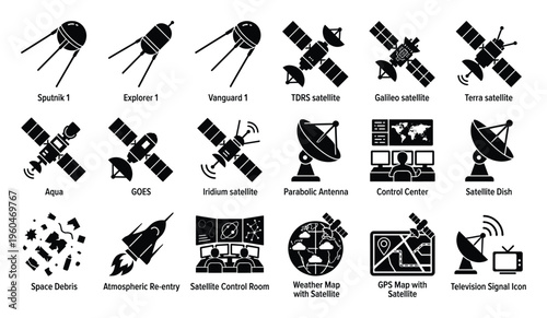 Comprehensive collection of satellite technology icons featuring historical and modern spacecraft ground control systems and space applications ideal for aerospace communication and