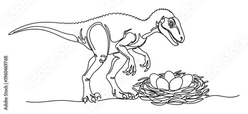 A continuous single line drawing depicts a prehistoric dinosaur vigilantly guarding its nest filled with eggs, ideal for educational materials, childfriendly media, or wildlife conservation
