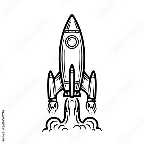 Black and white rocket illustration showing a cartoon rocket launching into the sky with billowing exhaust and dynamic lines.