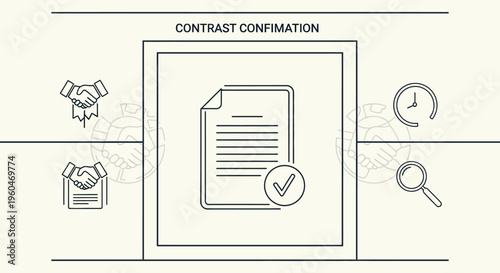 Contrast Confirmation Document Approved with Checkmark, Handshake, Clock, Magnifying Glass