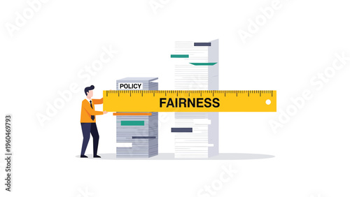 Fairness in Policy & Business: Man measuring equality in document stacks. Justice, regulation, and ethical governance concept.