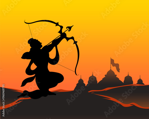 Lord Rama silhouette aiming bow before temple skyline at sunset, dramatic Ram Navami and Hindu mythology background in bold devotional vector style