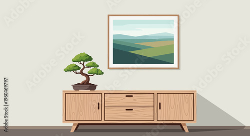 Pixel Art Bonsai Tree and Landscape Painting on Wooden Cabinet