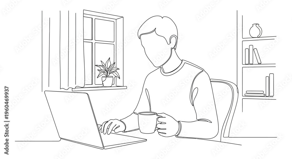 Obraz premium Man working on laptop at home, holding a mug, minimalist line art