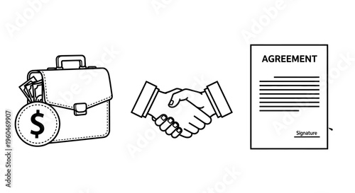 Business Deal Success: Briefcase with Money, Handshake, and Agreement Document
