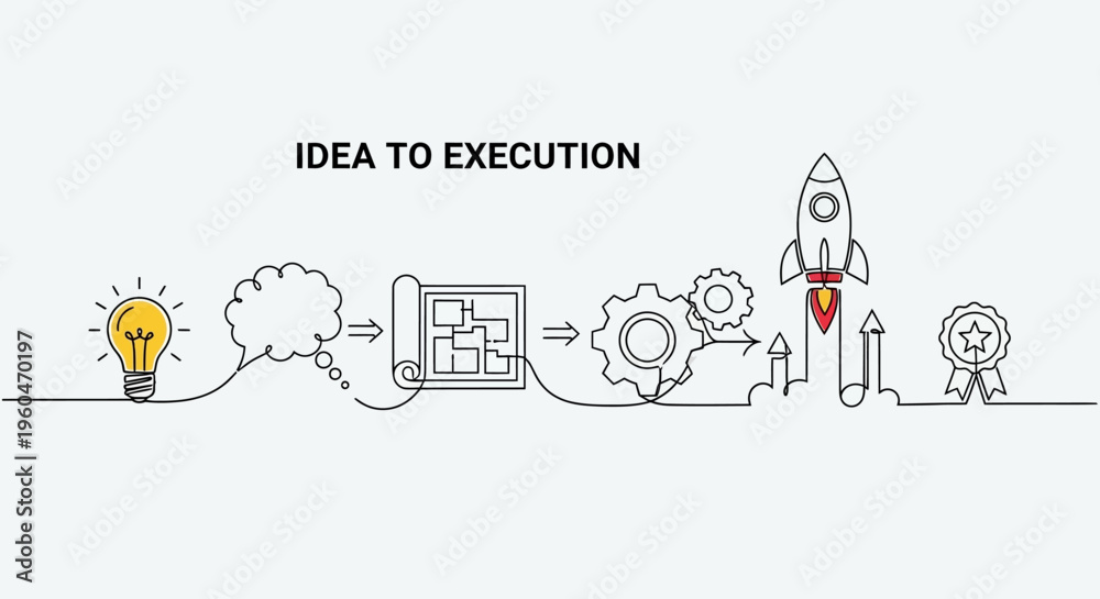 Obraz premium Idea to Execution: Lightbulb, Blueprint, Gears, Rocket Launch, Success Award