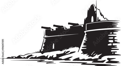Sketch style coastal fort silhouette with artillery cannons and mountain peak in background