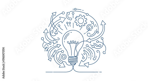 Creative idea light bulb with gears and arrows, innovation concept, digital technology