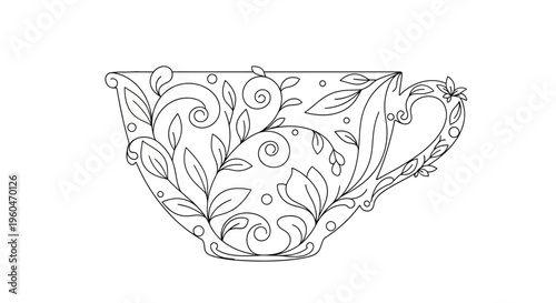 Elegant Teacup Outline with Floral Swirls and Leaves - Coloring Page