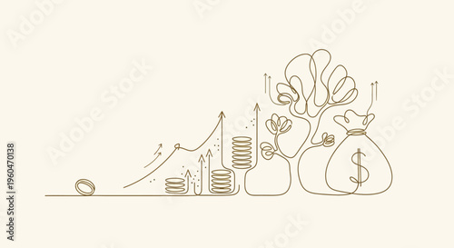 Financial Growth Concept: Money Bag, Coins, and Upward Trend Graph