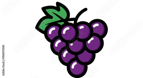 Fresh Purple Grapes Bunch with Green Leaf, Isolated on White Background, Healthy Food