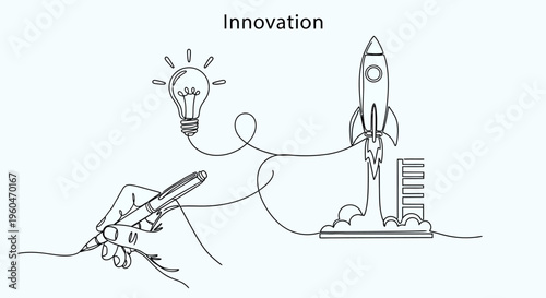 Hand drawing innovation concept: lightbulb idea connected to launching rocket