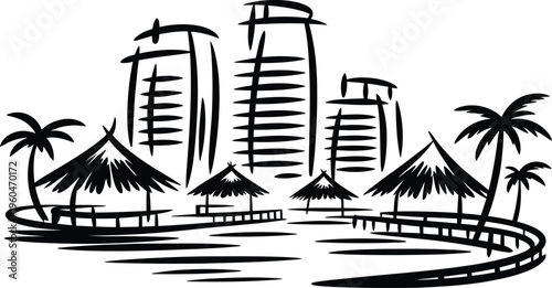 Sketched tropical beach resort with bungalows palm trees and modern buildings in brush stroke