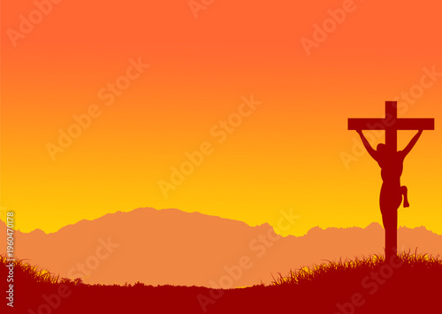 Crucifix silhouette on grassy hill at glowing sunset, solemn Good Friday and Easter Christian landscape with warm orange sky in dramatic vector style
