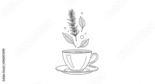 Herbal Tea Cup with Steaming Herbs and Leaves - Line Art Illustration