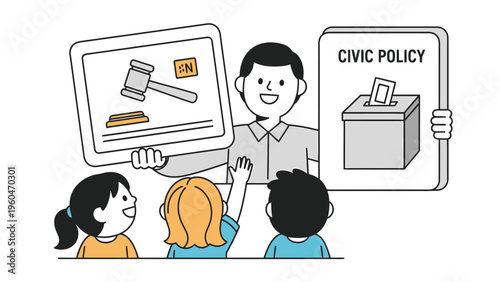 Teacher educating children on civic policy, law, and justice. Kids learning about voting and democratic participation.