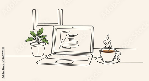 Minimalist desk setup: laptop, coffee, plant, and shelf in a clean, modern workspace.