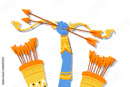 Traditional mythological bow and arrow with ornate blue hand, quivers, and decorative details, Indian festival and cultural symbol isolated on light background in vector style