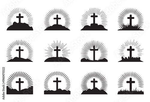 Christian cross on hill with sunburst rays collection featuring black silhouette icons for religious symbols