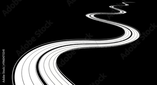 Winding Road Journey Concept: White Striped Asphalt Path on Black Background