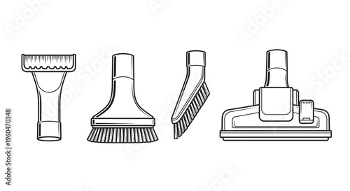 Vacuum Cleaner Attachments Set: Brushes, Crevice Tool, Floor Head Line Art