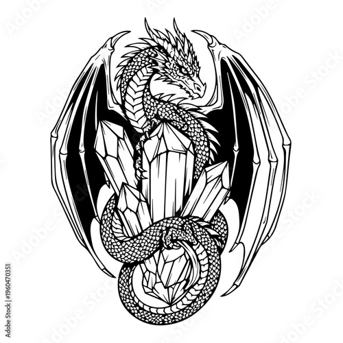 Intricate black and white dragon perched among crystalline shards with wings spread and ornate detailing.