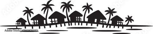 Tropical island bungalows on stilts over water, palm trees, black and white silhouette illustration