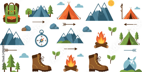 Camping adventure collection with tent mountains backpack fire compass hiking gear outdoor travel vector illustration set isolated on white background