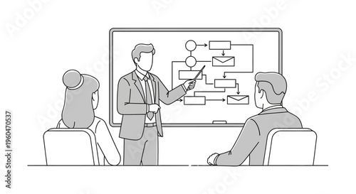 Business meeting: presentation of flowchart on whiteboard by manager to colleagues