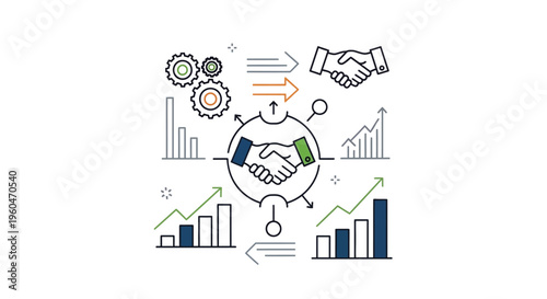 Business Partnership and Growth Concept: Handshake, Gears, Charts, Arrows