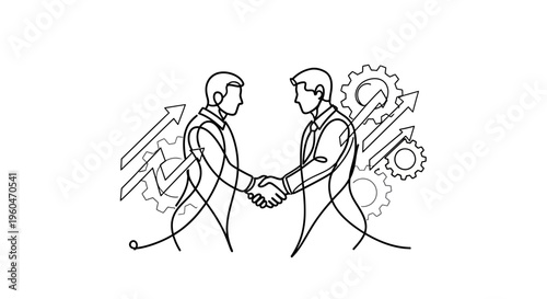 Business Partnership Handshake with Growth Arrows and Gears