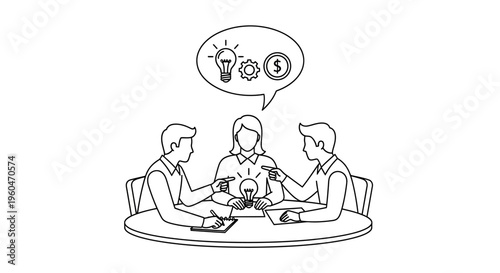Business team brainstorming ideas, light bulb, gears, money symbol in speech bubble