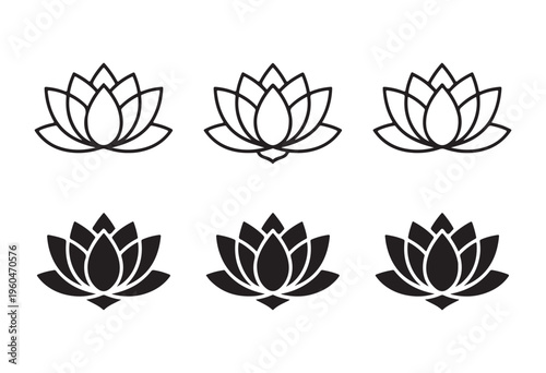 Minimalist lotus icons set with clean lines and solid black shapes for modern yoga and wellness logo design