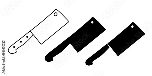 Cleaver knife icon set. Hand drawn outline and solid silhouette of kitchen butcher knife. Black and white isolated vector illustration with minimal style.