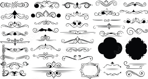 A comprehensive set of vector design elements featuring ornate floral scrolls, calligraphic borders, and Victorian style flourishes for decorative wedding labels and retro frame illustrations
