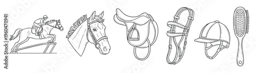 Equestrian sport essentials line art set depicting a rider on a jumping horse, a detailed saddle, bridle, helmet, and grooming brush, excellent for educational resources and themed projects