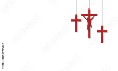 Minimal hanging cross decoration set with central crucifix and red silhouettes, Christian Good Friday religious composition with wide copy space on light background