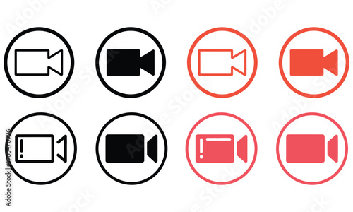 Video camera recording icons set in black and red circular style representing media production and video communication concept | category: technology | type: illustration