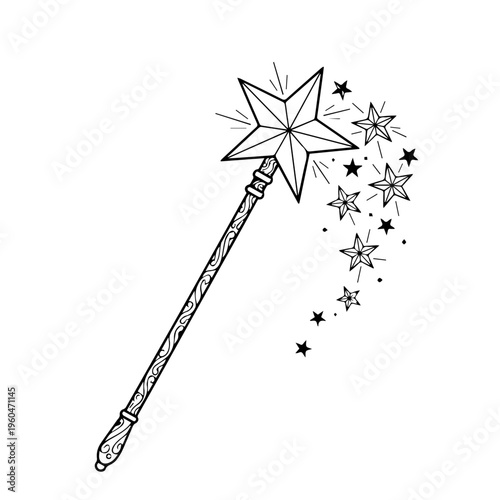 Illustrated magic wand with sparkling stars and whimsical design for fantasy and enchantment themes.