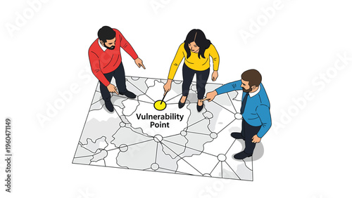 Business team identifying a vulnerability point on a strategic network map, planning and risk management concept.