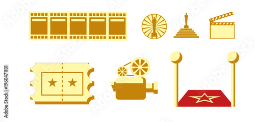 Golden cinema and entertainment icon set with filmstrip, ticket, projector, clapperboard, red carpet, and show business symbols isolated on light background in flat vector style