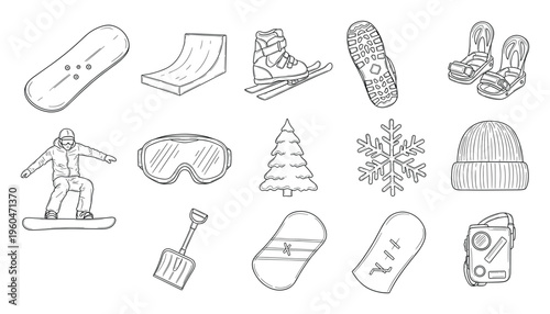 Detailed line drawings of winter sports equipment and accessories including snowboards, a snowboarder in action, ski boots, goggles, and winter items for seasonal outdoor activities