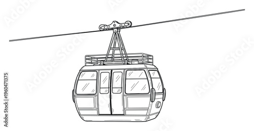 A cable car gondola cabin suspended on a sturdy wire line for mountain travel, providing a clear visual for tourism promotions, engineering schematics, or informational presentations.
