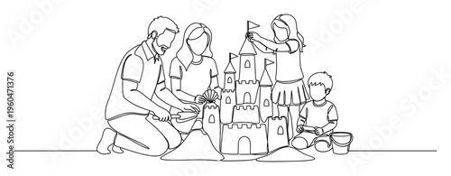 Family enjoying their summer vacation building a magnificent sandcastle together on the beach, perfect for promoting leisure activities and childhood memories.